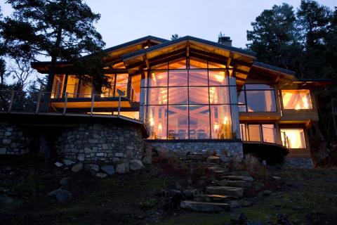 Outside at Night West Coast Luxury Home on Pender Island built by Dave Dandeneau of Gulf Islands Artisan Homes