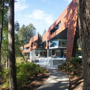 Modern Steel West Coast fusion building pathway to pool on Pender Island built by Dave Dandeneau of Gulf Islands Artisan Homes