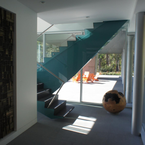 Modern Steel West Coast fusion building staircase on Pender Island built by Dave Dandeneau of Gulf Islands Artisan Homes